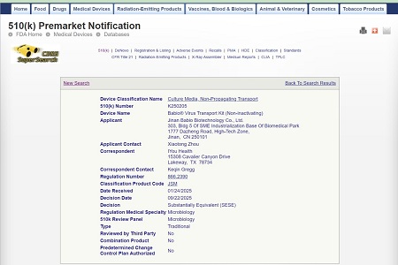 BABIOk AEBetako FDA 510 (k) baimena bermatzen du bere birusen garraiorako kitarentzat (ez aktibatzen duena)